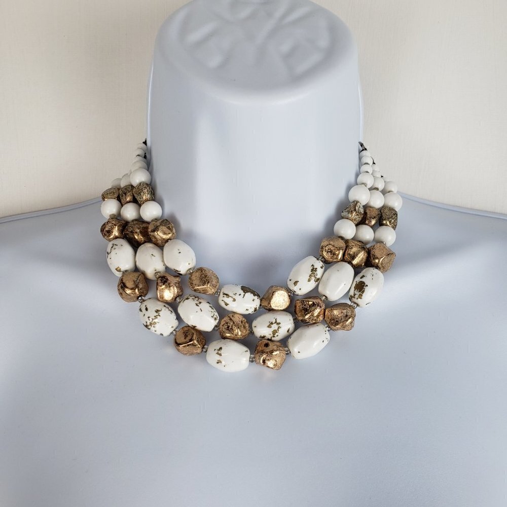 Vintage 1960s 3-Strand Beaded Choker Necklace White Gold Twee Granny